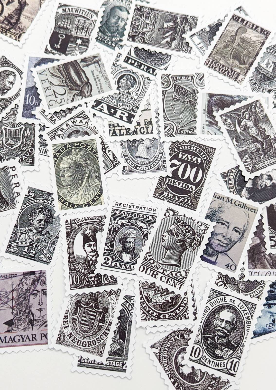 White Vintage-Inspired Reproduction Stamps – Unique Designs for Journaling & Crafts