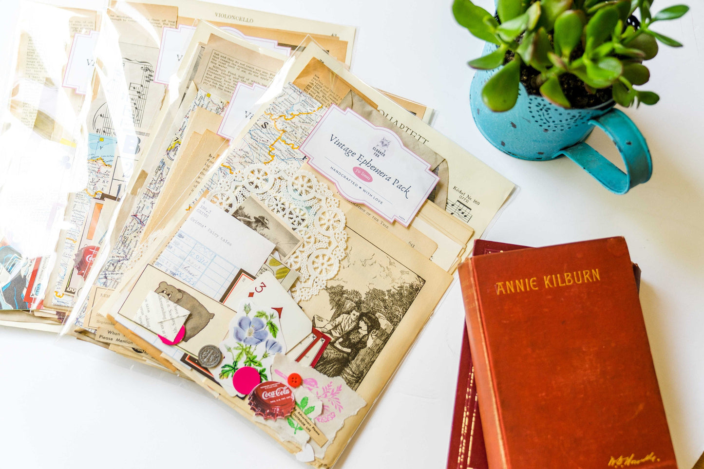 Vintage Ephemera Pack - 50 pc Junk Journal Kit with Old Book Pages and Scrap Paper