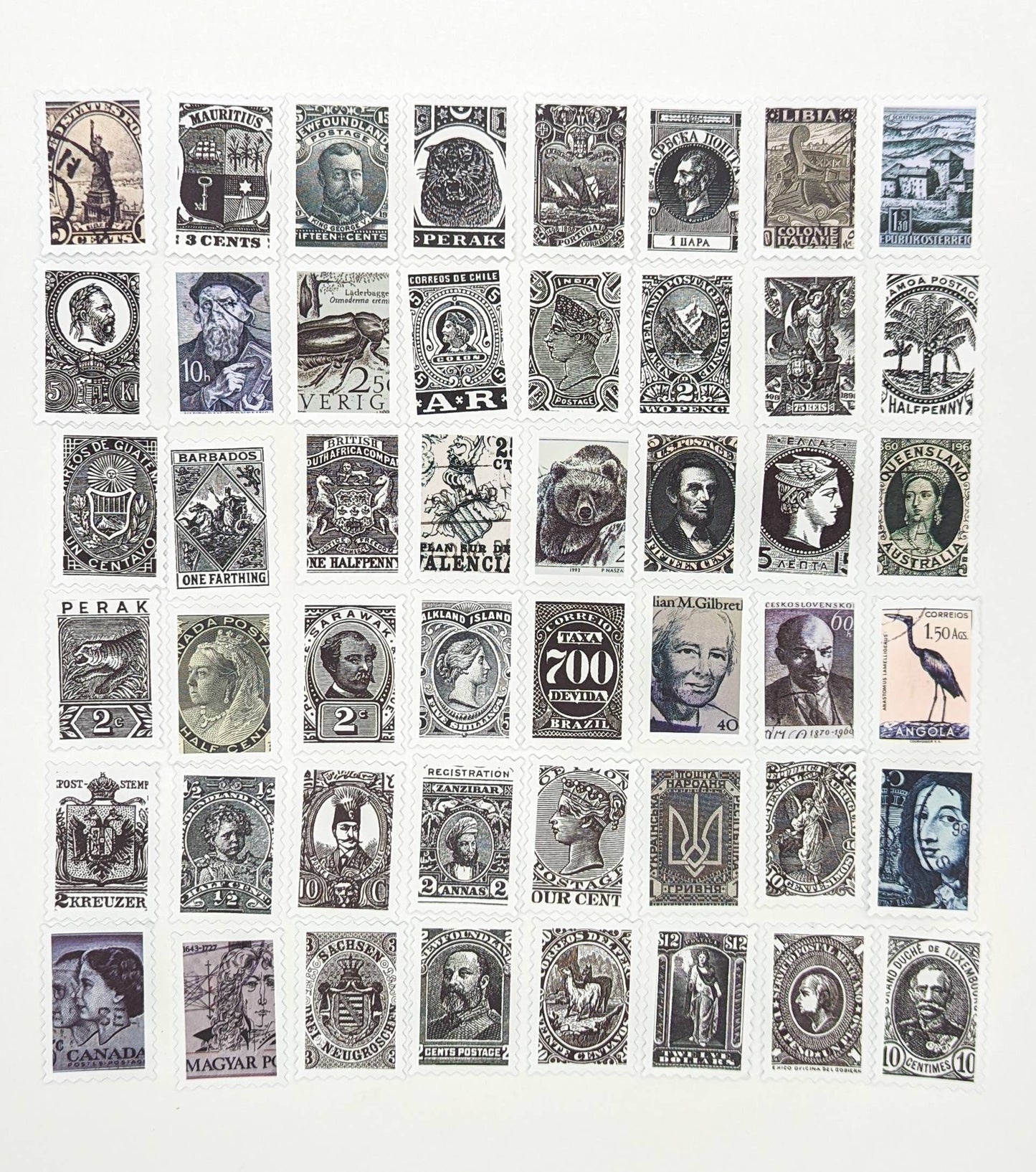 White Vintage-Inspired Reproduction Stamps – Unique Designs for Journaling & Crafts