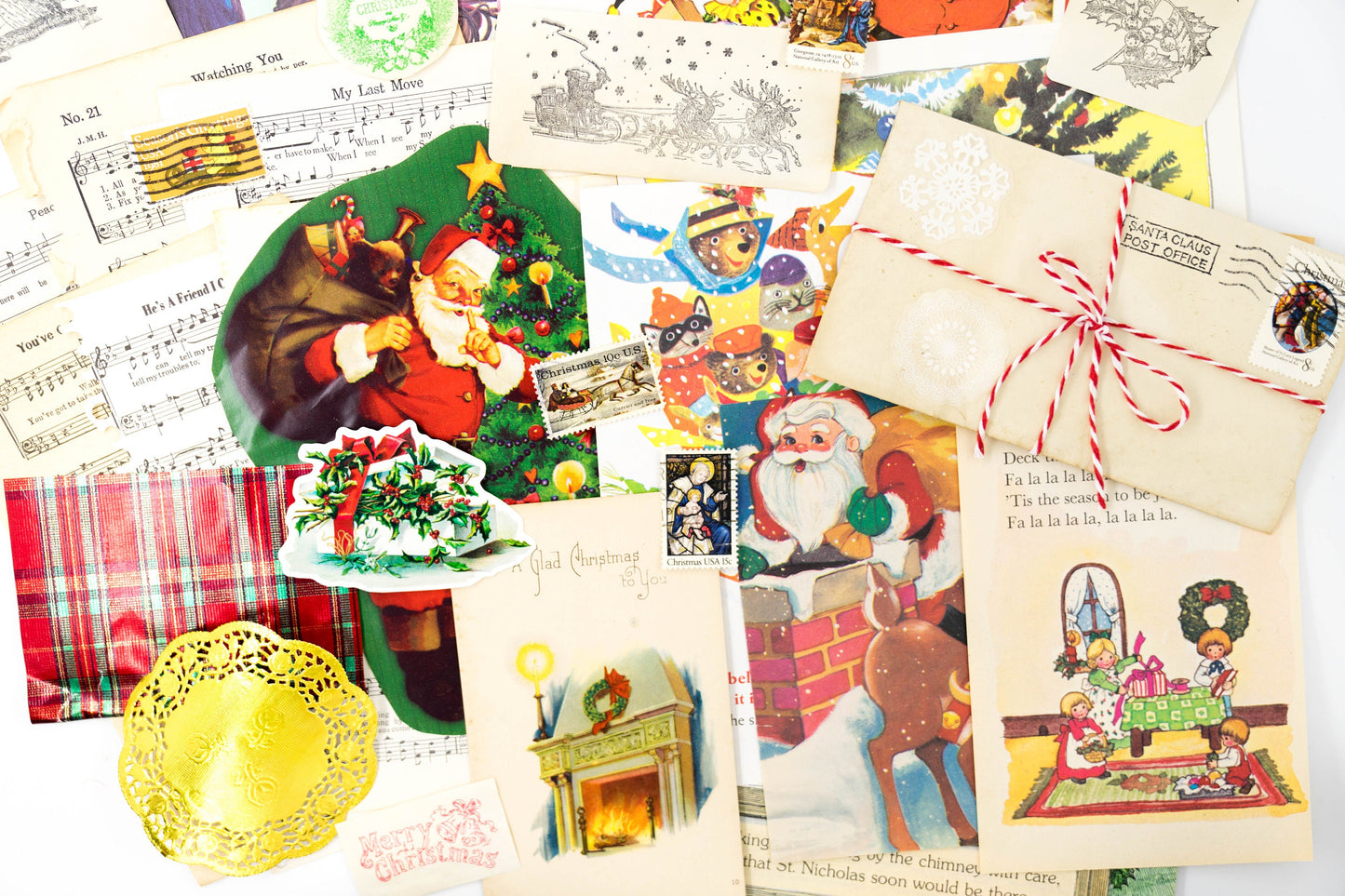Vintage Christmas Ephemera Pack - 35pc Santa Stamps Book Pages for Junk Journals
