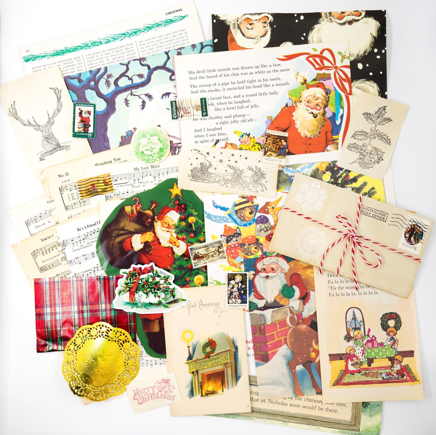 Vintage Christmas Ephemera Pack - 35pc Santa Stamps Book Pages for Junk Journals