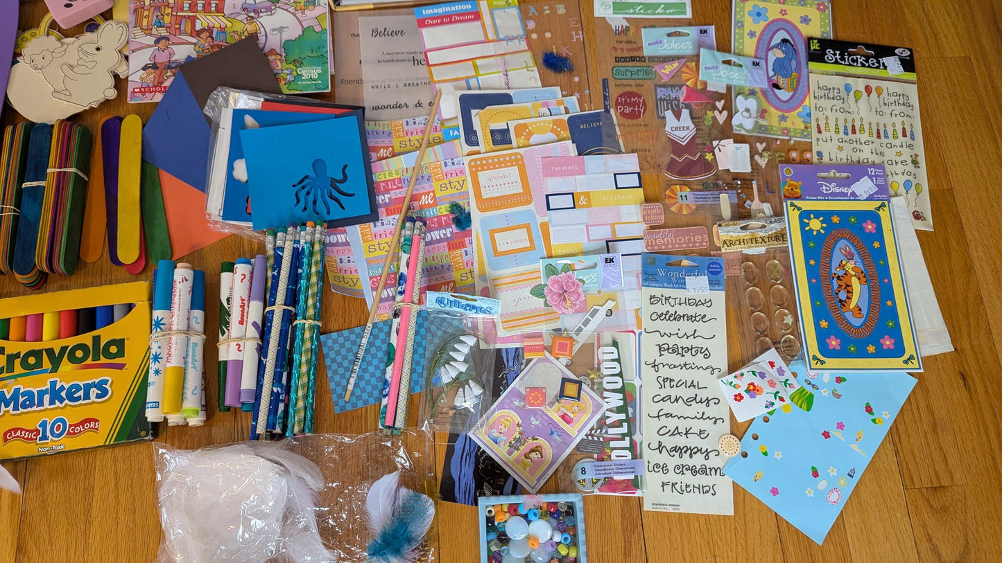 Craft Supplies Destash Box - Stickers Beads Scrapbooking Kids Crafts