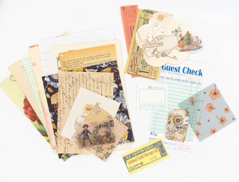 Vintage Ephemera Grab Bag - Junk Journal Kit with Old Book Pages  Maps