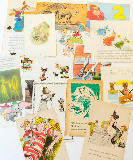 Flat lay of colorful vintage children’s book pages with a mix of text and illustrations, perfect for crafting and collage.

