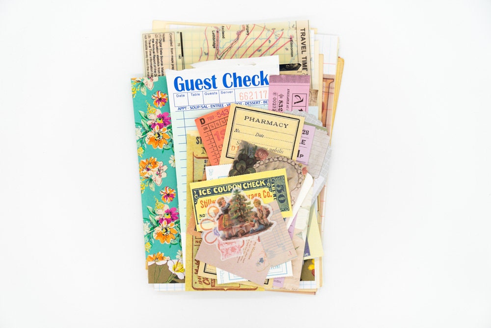 Vintage Ephemera Grab Bag - Junk Journal Kit with Old Book Pages  Maps